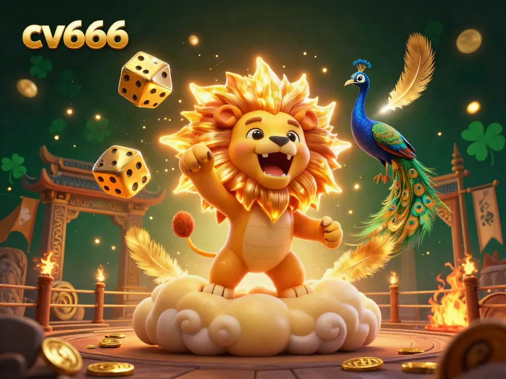 Engage with CV666 in an exciting online casino world featuring golden dice, lion mascot, and dynamic gambling elements.