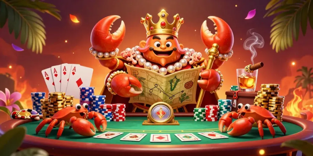 Xoso66 offers an exciting gaming experience with a golden crab emperor amid vibrant poker elements and colorful chips.