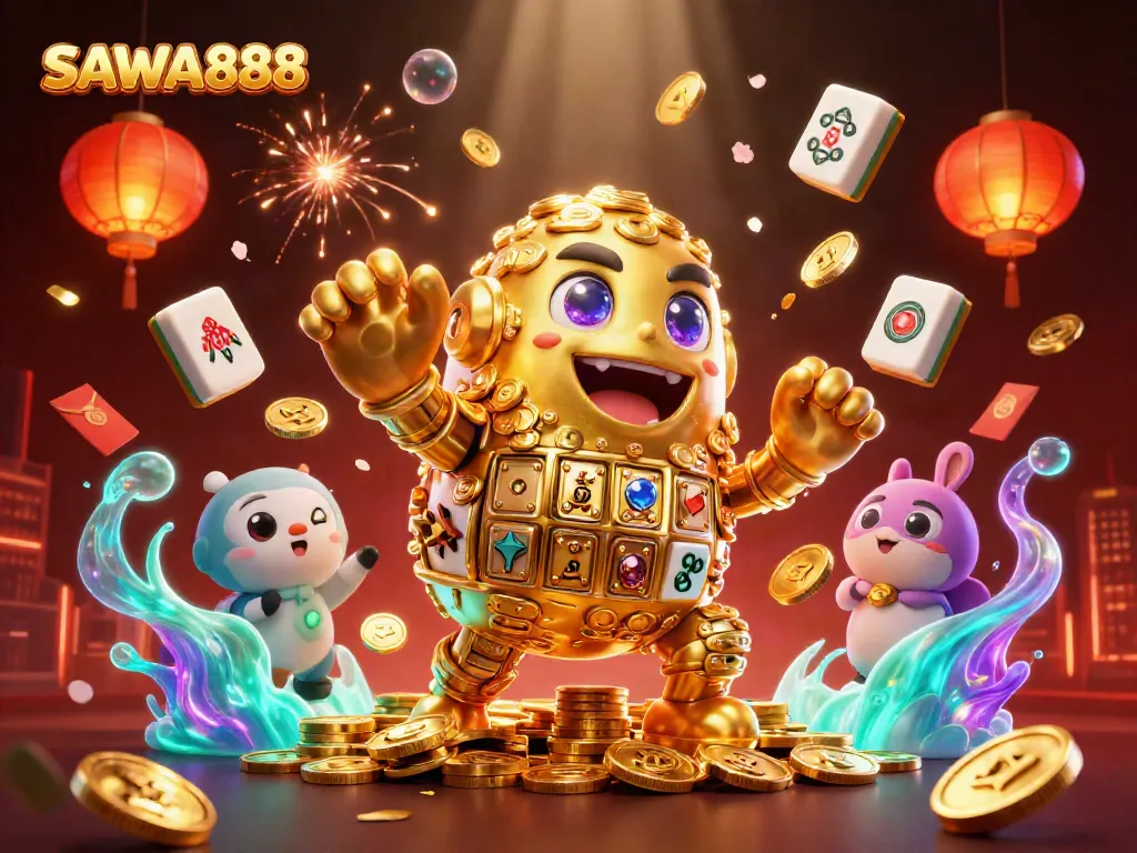 Engage with SAWA888's dynamic gaming universe filled with golden golems, luck symbols, and festive lights.