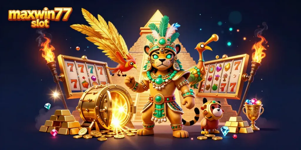 Unveiling maxwin77 slot excitement with a dynamic Mayan theme and casino elements.