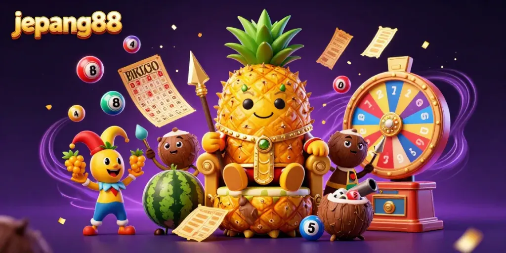 Join the fun at Jepang88 with a vibrant beach casino scene featuring a pineapple king and lotto elements.