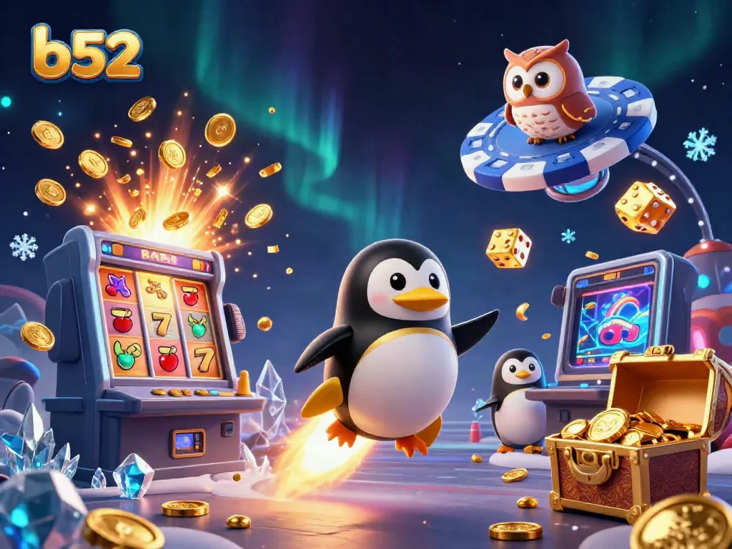 Experience the thrill of b52 in a vibrant 3D casino illustration filled with golden coins and jackpot action.