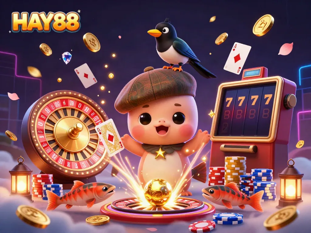 Experience HAY88 with captivating gaming visuals including a vibrant cartoon scene and dynamic gear.