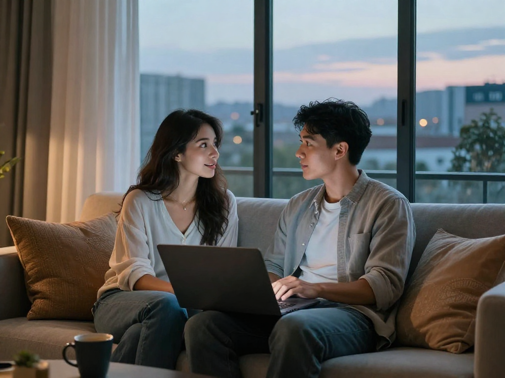 Engaging in ai sex conversations on a sleek laptop in a cozy modern setting.