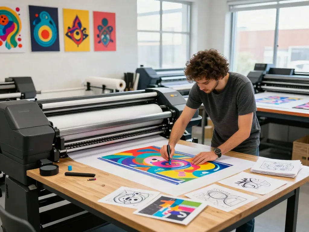 Craftsman creating custom DTF gang sheets in a vibrant printing workshop