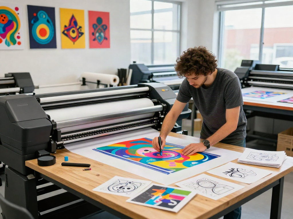 Craftsman creating custom DTF gang sheets in a vibrant printing workshop