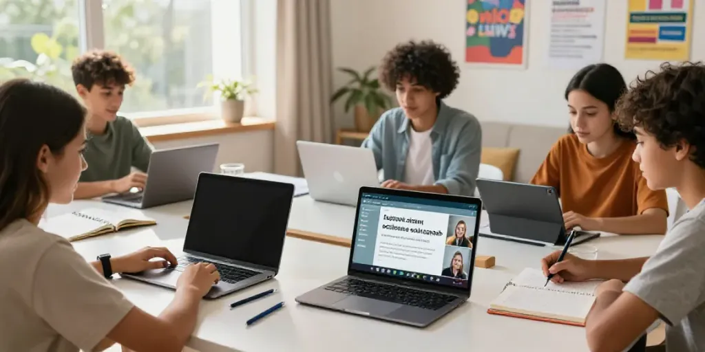 Students participating in an interactive online English course, showcasing engaging language learning methods with diverse backgrounds.
