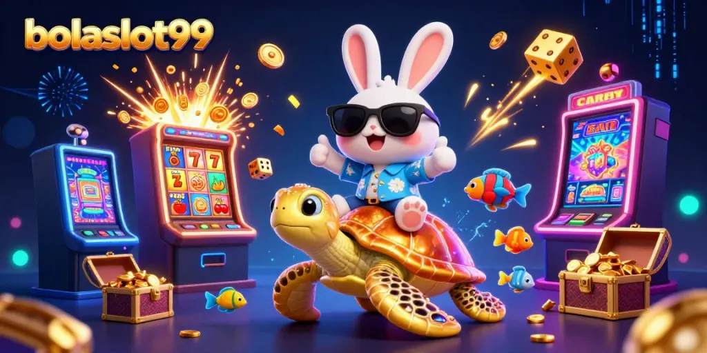 Experience the excitement of bolaslot99 with a lucky rabbit and golden turtle in a vibrant casino scene.