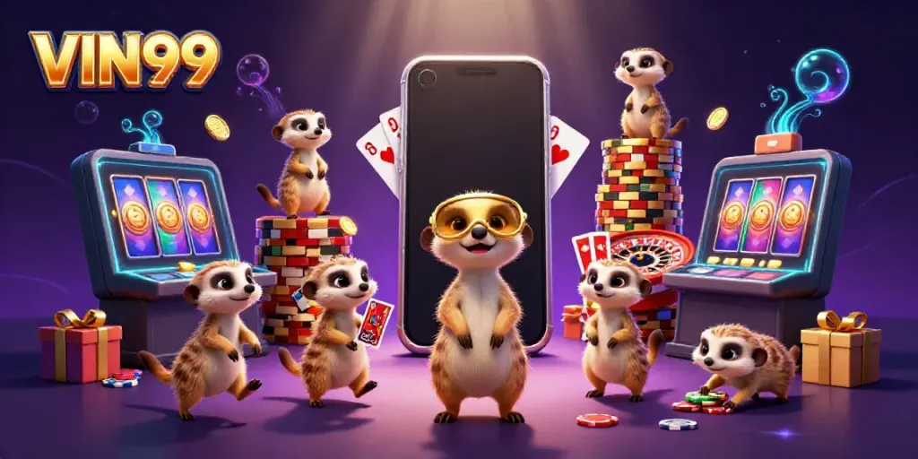 Join the fun at VIN99 with meerkat characters thriving in a vibrant casino scene.