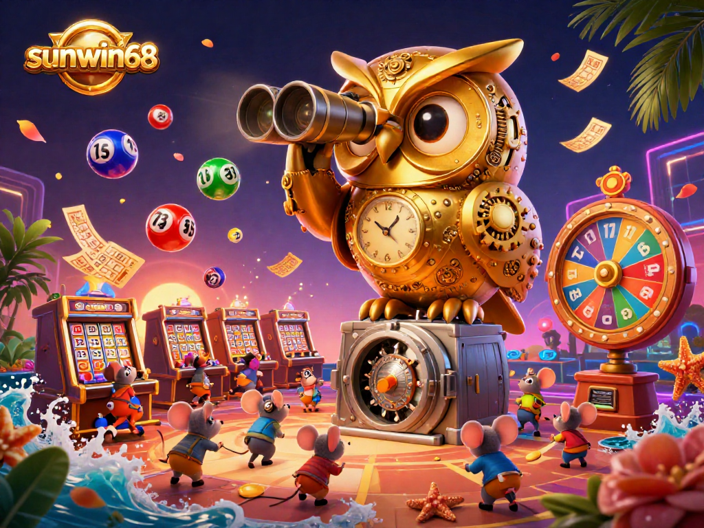 Experience lively gaming actions at sunwin68 with golden owl overseeing slot machines and dynamic lottery elements.