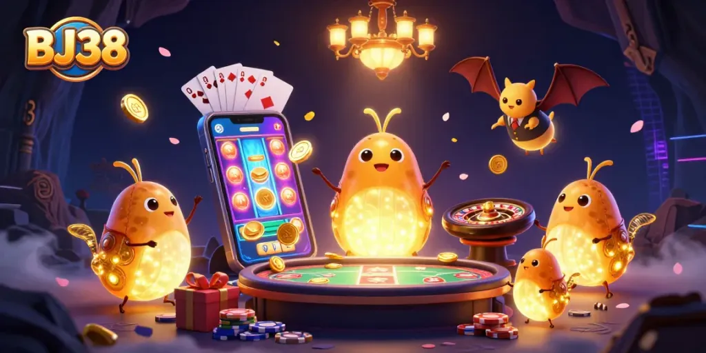 Engage in thrilling gaming at BJ38 with a vibrant 3D casino illustration showcasing lively characters and exciting games.