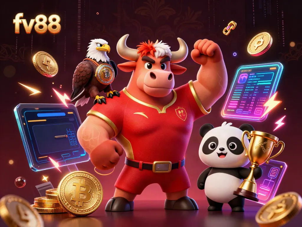 Win big with FV88 at an online casino featuring a captivating victory scene with a cartoon bull mascot and friends.