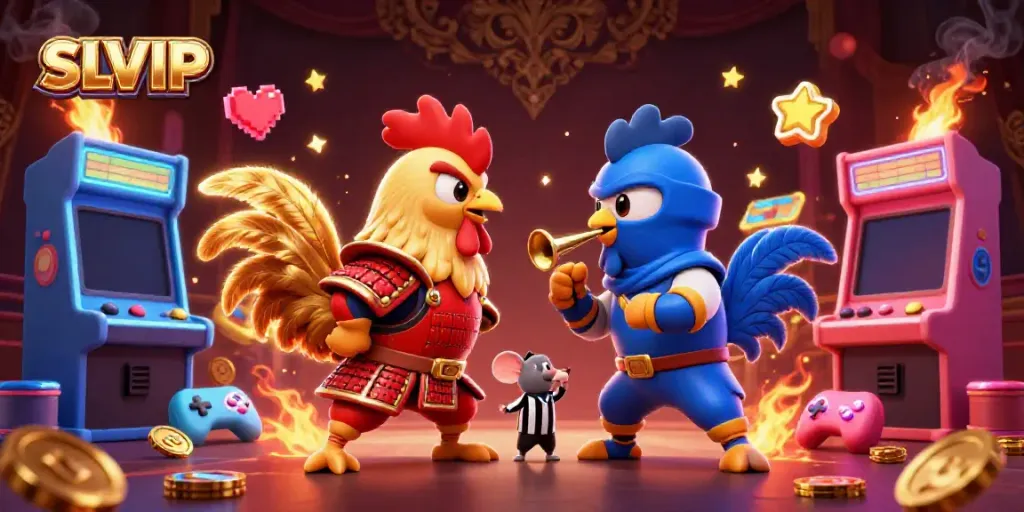 Experience the excitement of SLVIP with fighting roosters in stunning 3D digital illustration.