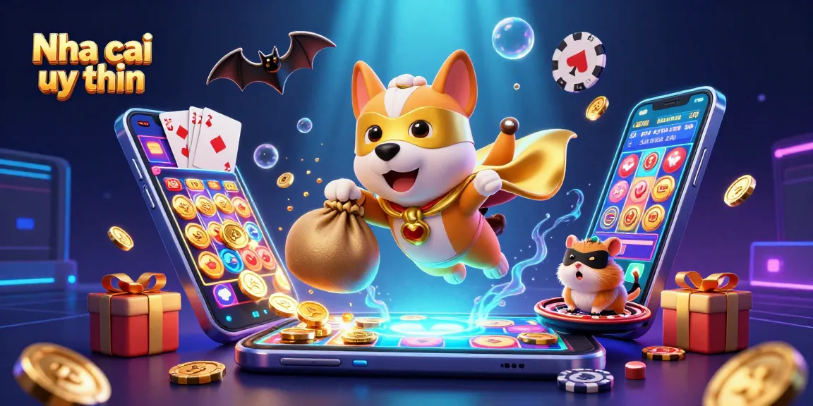 Nha cai uy tin showcases a superhero dog and sidekick amidst colorful casino games, emphasizing excitement.