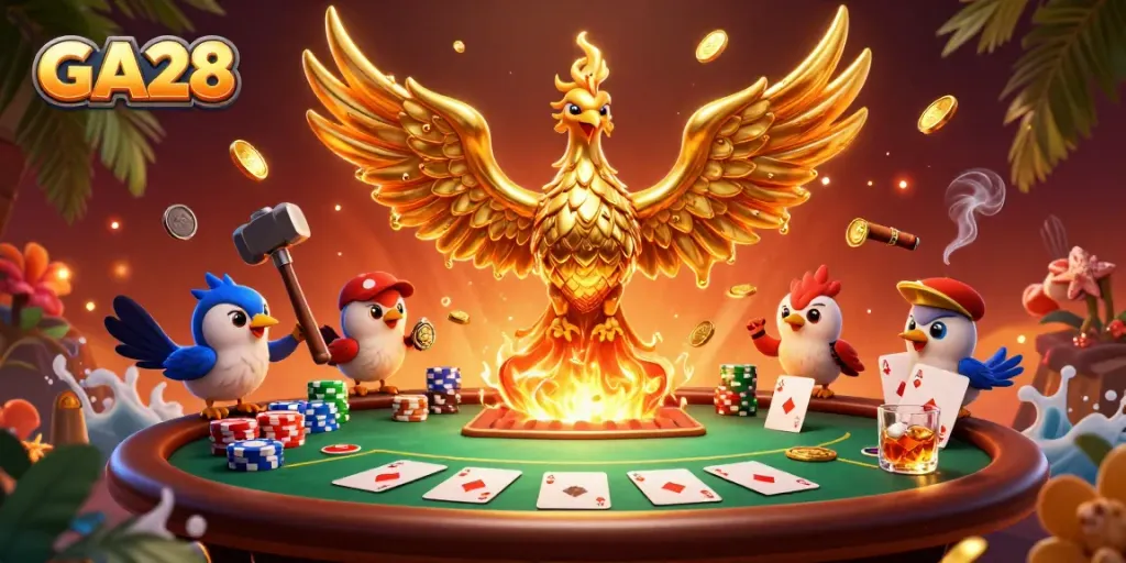 Experience the thrilling GA28 casino atmosphere with a dramatic golden phoenix, vibrant poker elements, and dynamic visuals.