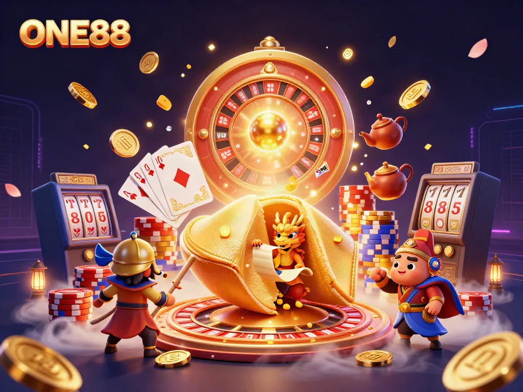 Engage with dynamic ONE88 casino illustration featuring intricate characters and gaming elements.