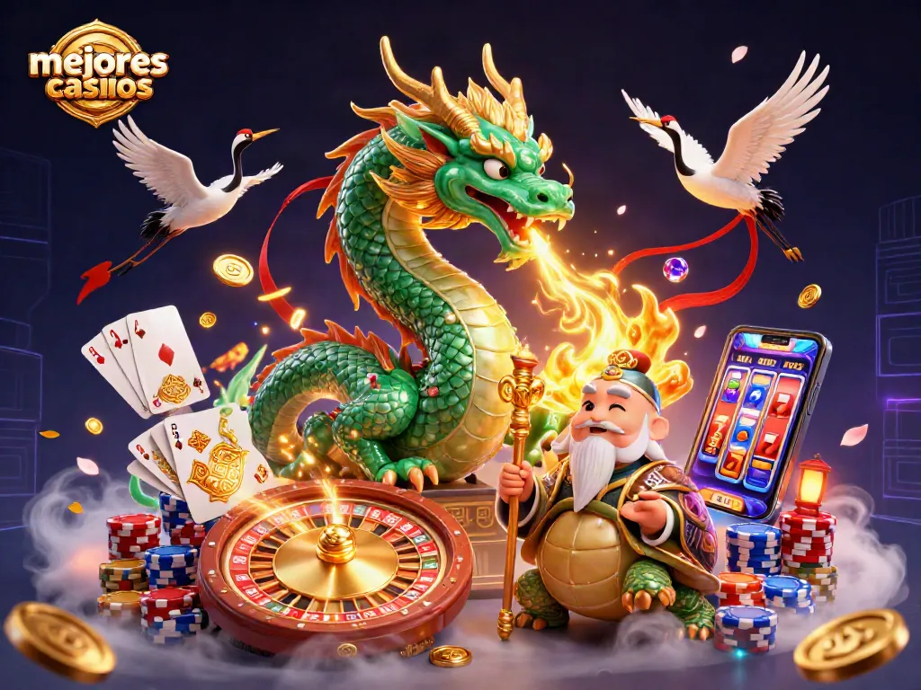 Disfruta de los mejores casinos mientras juegas con un dragón esmeralda y monedas doradas.