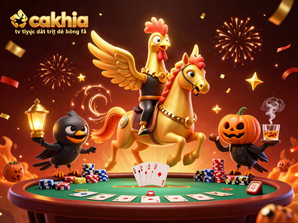 Cakhia tv trực tiếp trực tiếp bóng đá showcases a golden rooster and companions in a vibrant midnight casino scene.