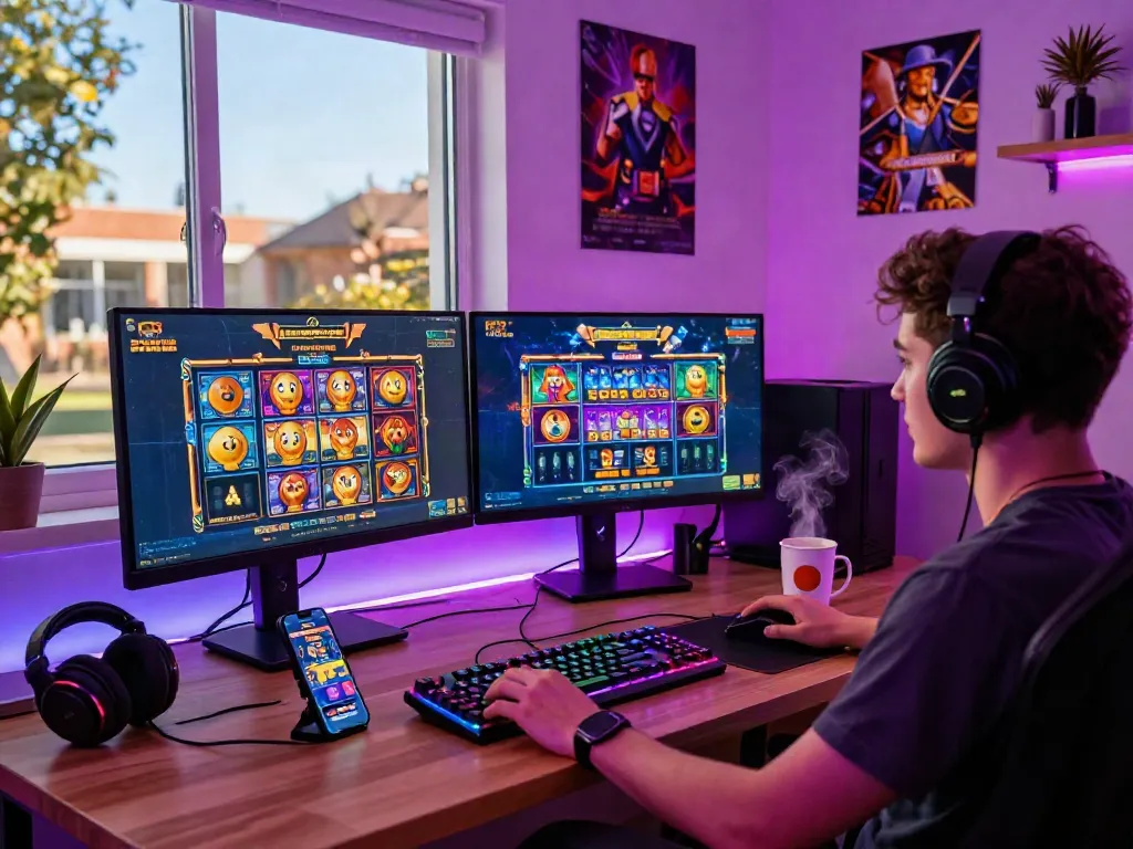 Engaged player exploring various slot games in a modern home gaming setup.