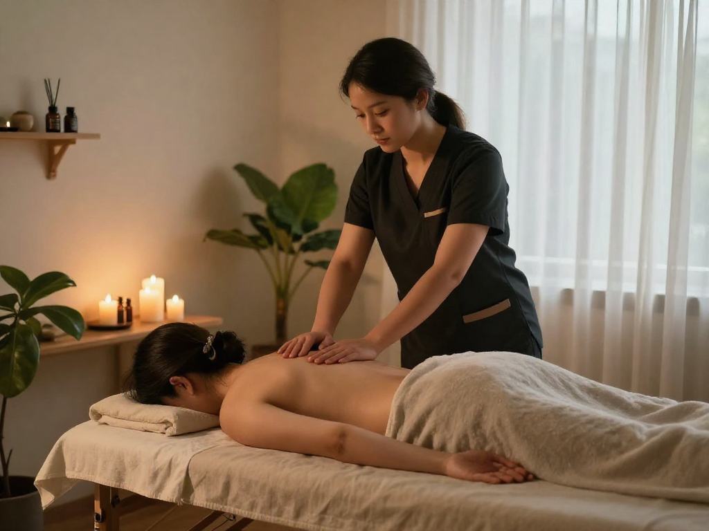 Enjoying a peaceful 광명출장마사지 in a relaxing home environment with soothing elements.