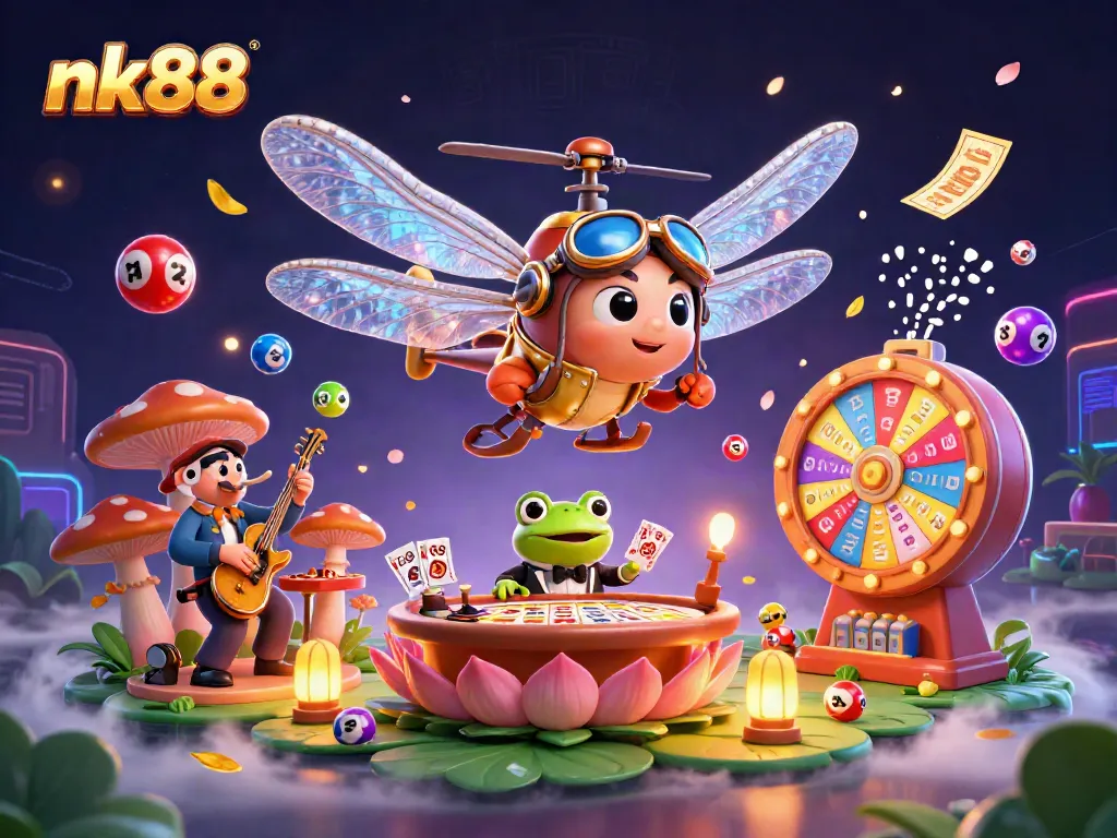 Experience thrilling jackpots with nk88 in a vibrant 3D casino illustration featuring dynamic gaming elements.