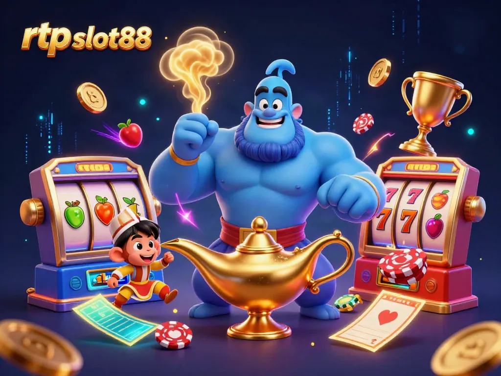 Gambarkan RTP Slot88 dengan elemen kasino, jin, dan koin emas yang melayang.