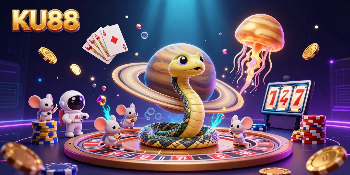 Spin the roulette wheel with KU88, as tiny astronaut mice place bets in this cosmic casino scene.