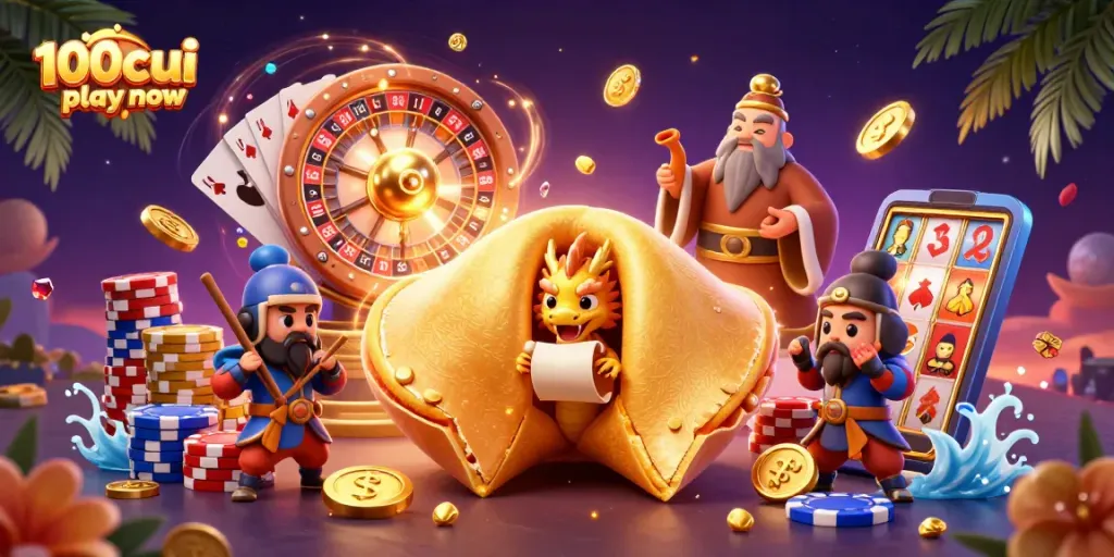 Engage in thrilling action at 100cuci play now with a vibrant illustration of casino elements.
