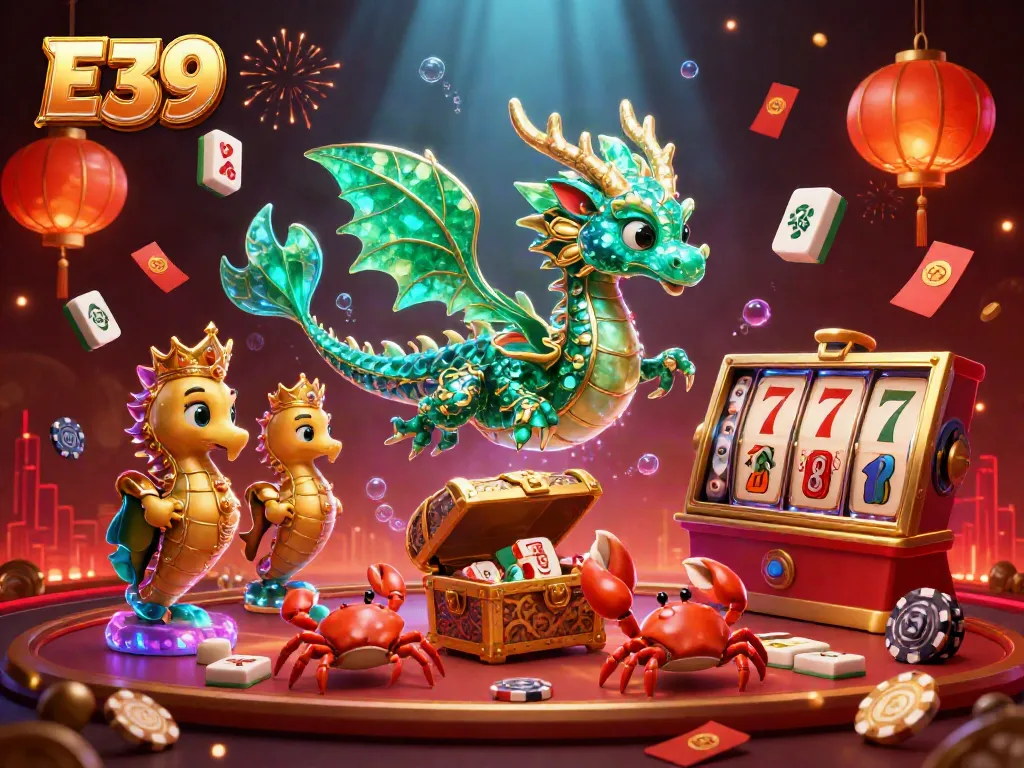 E39 showcases a vibrant casino scene featuring an emerald sea dragon, spinning slot reels, and floating lucky charms.