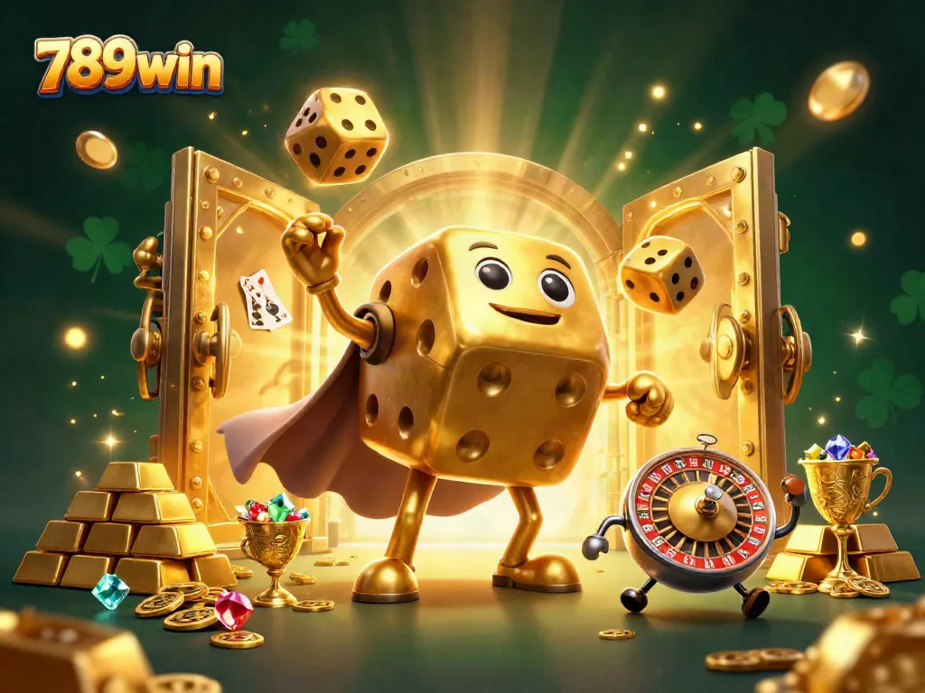 Experience gaming thrills with 789win's golden dice golem in an exciting casino scene.