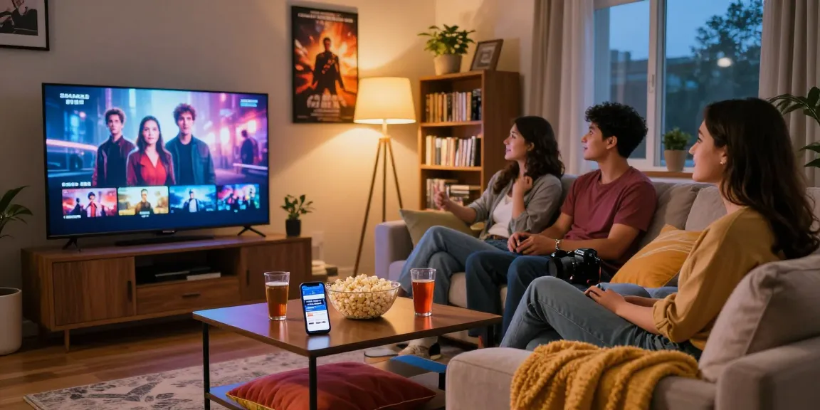 Watch Free Movies in a cozy living room with friends and popcorn.