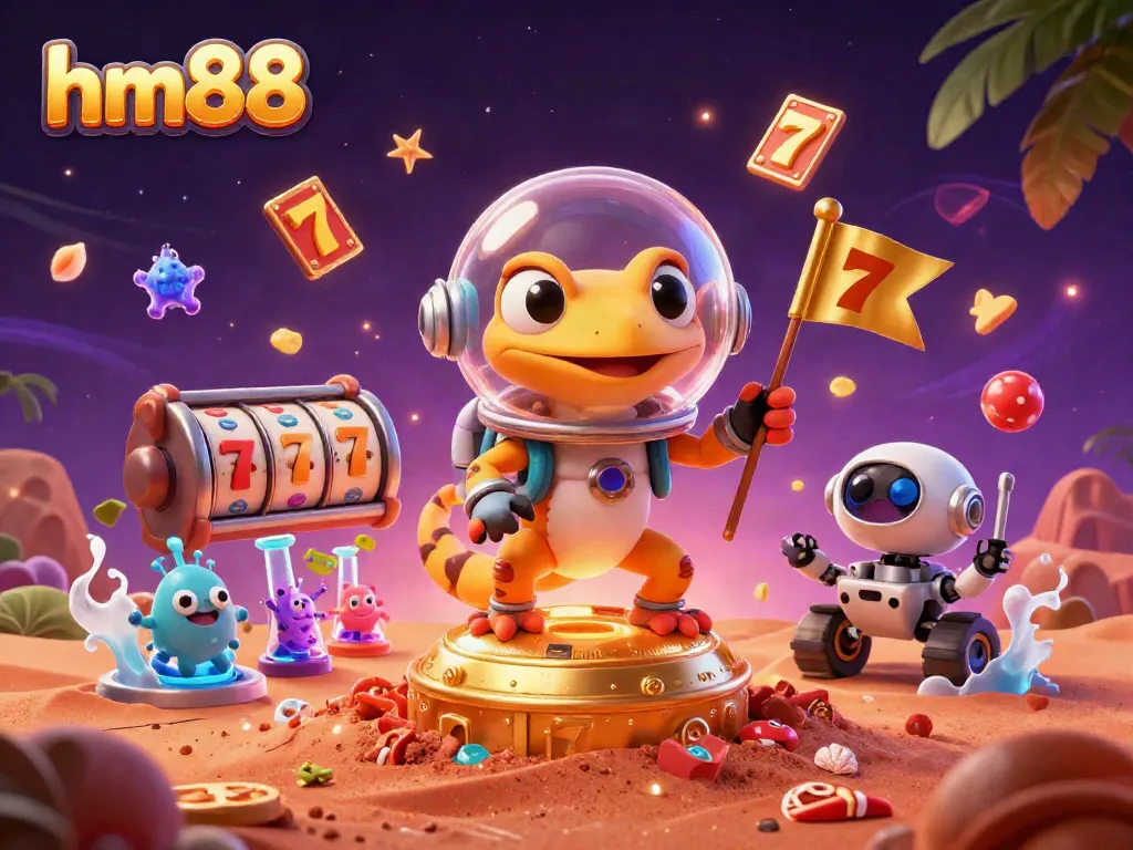 Engage with exciting gambling action at hm88 featuring a Martian gecko discovering a casino, surrounded by lively slot elements.