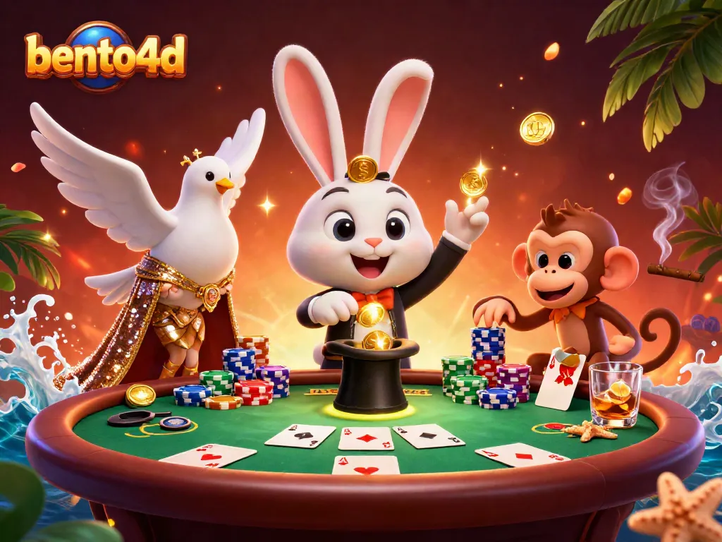 Engage in thrilling games with bento4d, featuring a magician, dove, and poker monkey in an exciting casino scene!