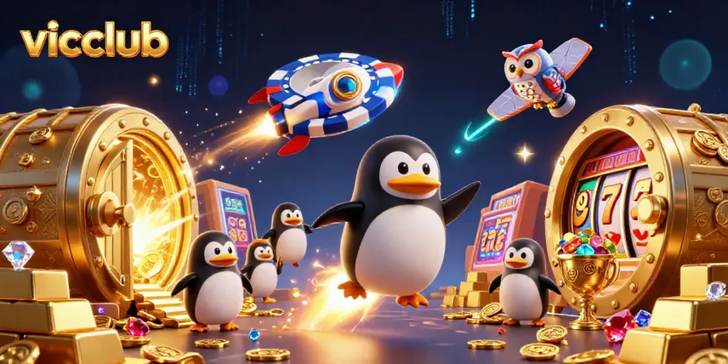 Experience the thrill of vicclub with a golden penguin zooming toward a casino in space.