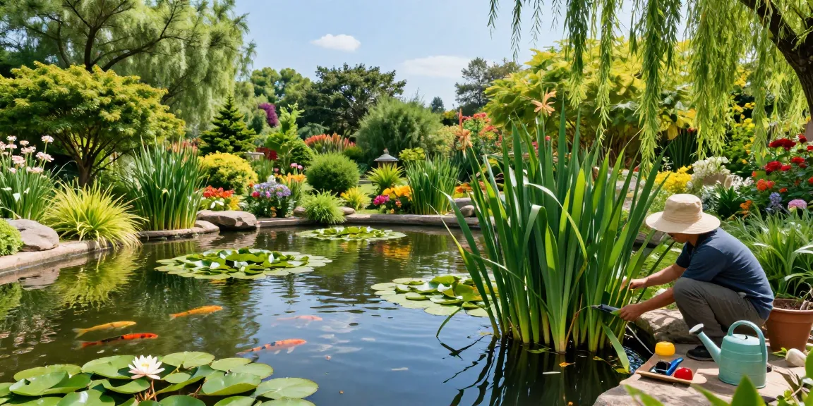 Pond Plants flourishing in a serene garden pond, featuring water lilies and a gardener tending to them.