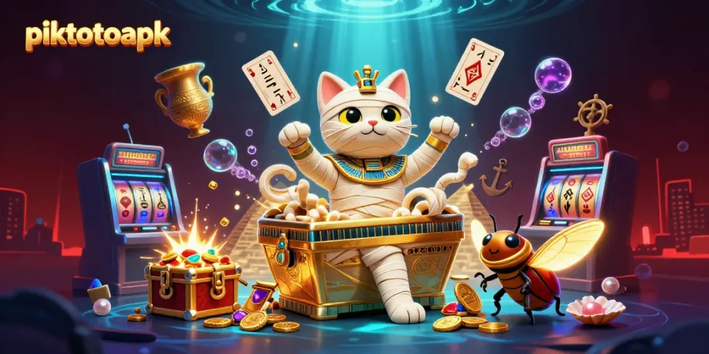 Experience piktotoapk thrills in a vibrant pyramid casino with a mummy cat, coins, and playing cards!