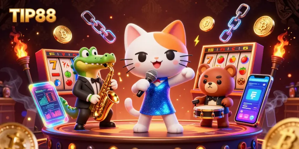 Engage with the vibrant casino scene of TIP88, featuring lively characters and dynamic gambling elements.