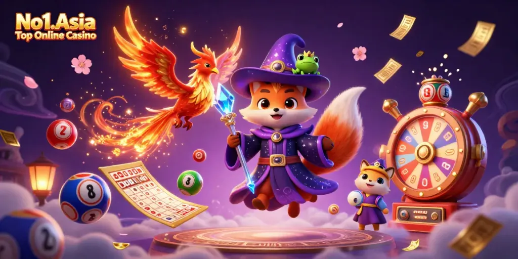 Experience excitement with No1.Asia Top Online Casino featuring magical characters and gambling elements.