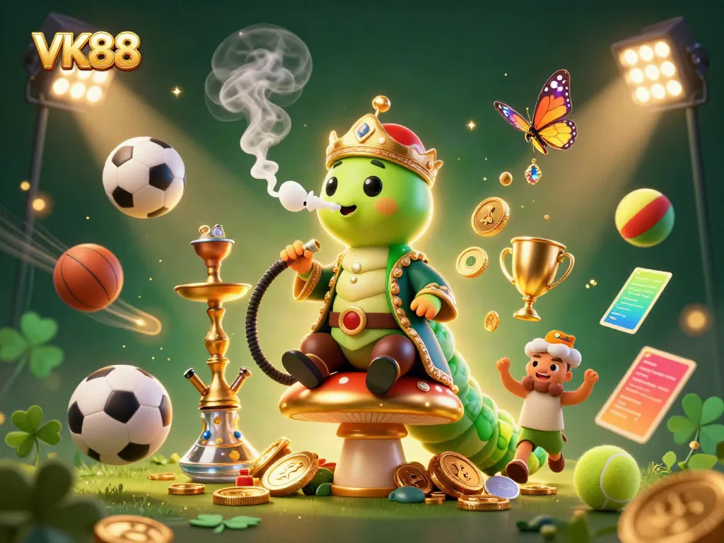 Engage with VK88 action shown through a vibrant 3D illustration of casino-themed elements and characters.