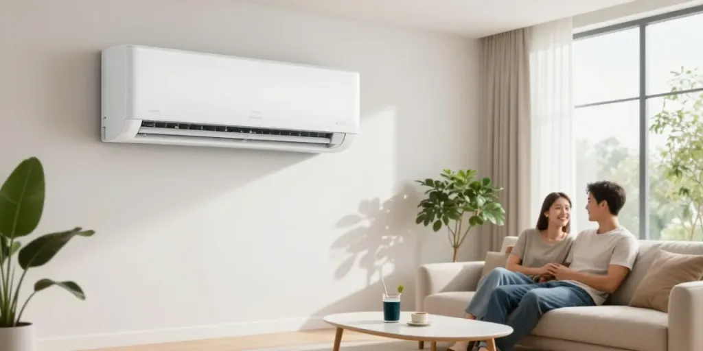 Moderne Klimaanlage zuhause im Wohnzimmer, das angenehme Temperaturen schafft.