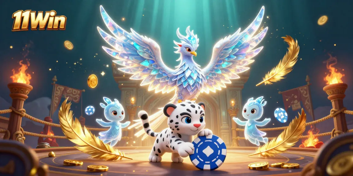 11Win spins the reels of fortune with an ice phoenix and poker chip magic in a vibrant casino scene.