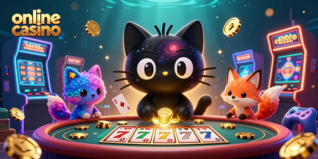 Juega en un emocionante casino en línea con un gato negro de agujero negro y un compañero zorro, rodeados de máquinas tragamonedas y sorpresas.