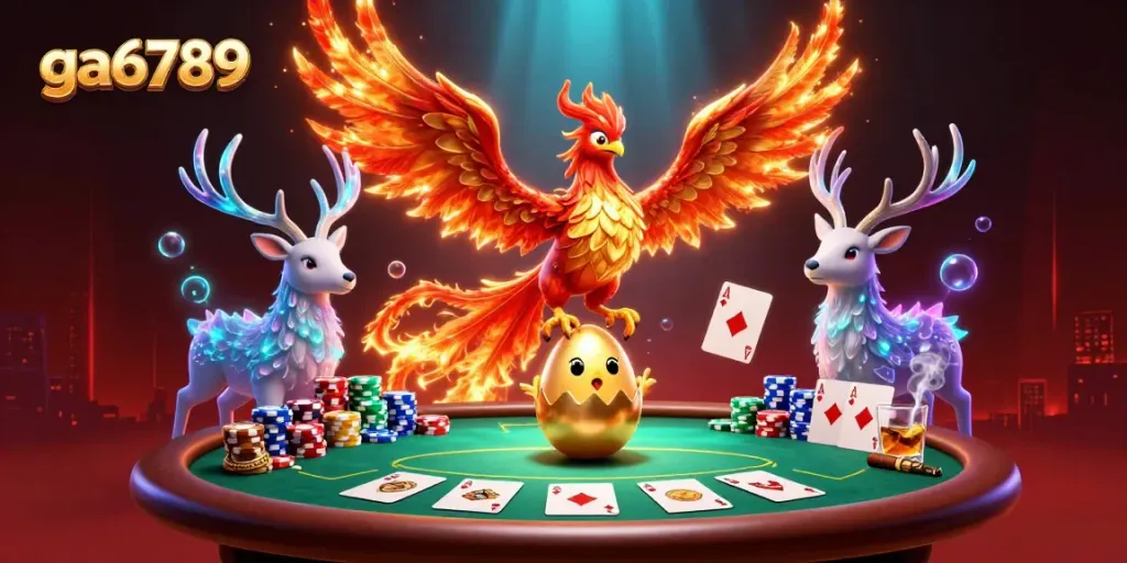 Bet on exciting tournaments with ga6789, featuring vibrant phoenix characters in a dynamic casino illustration.