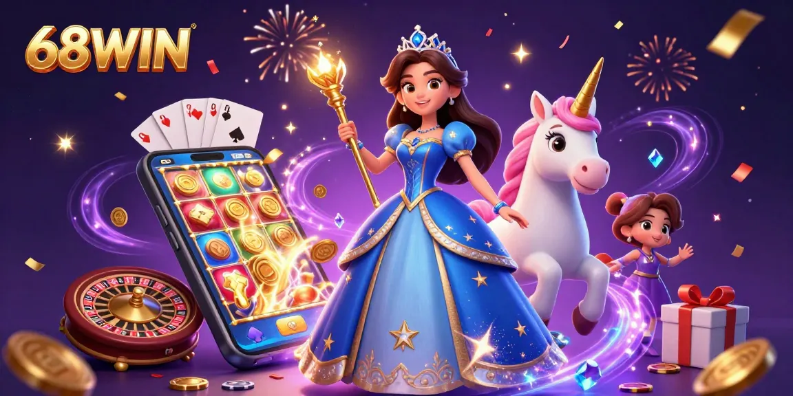 Experience the excitement at 68WIN with a vibrant scene full of casino games and enchanting characters.