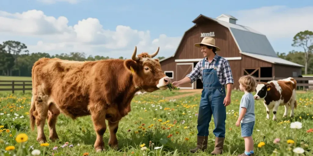 A friendly Mini Highland cow at a farm in Monticello, Florida, with a farmer feeding it, capturing the charm of mini cow care.