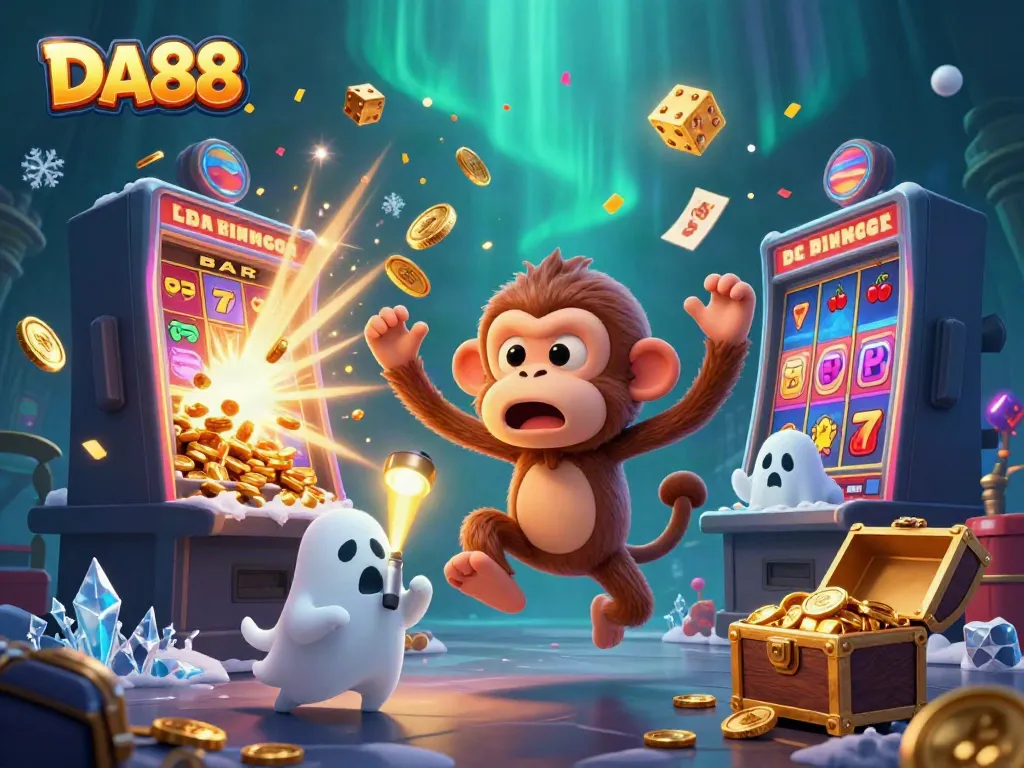 Engage with DA88's thrilling haunted casino scene featuring a playful monkey and curious puppy.