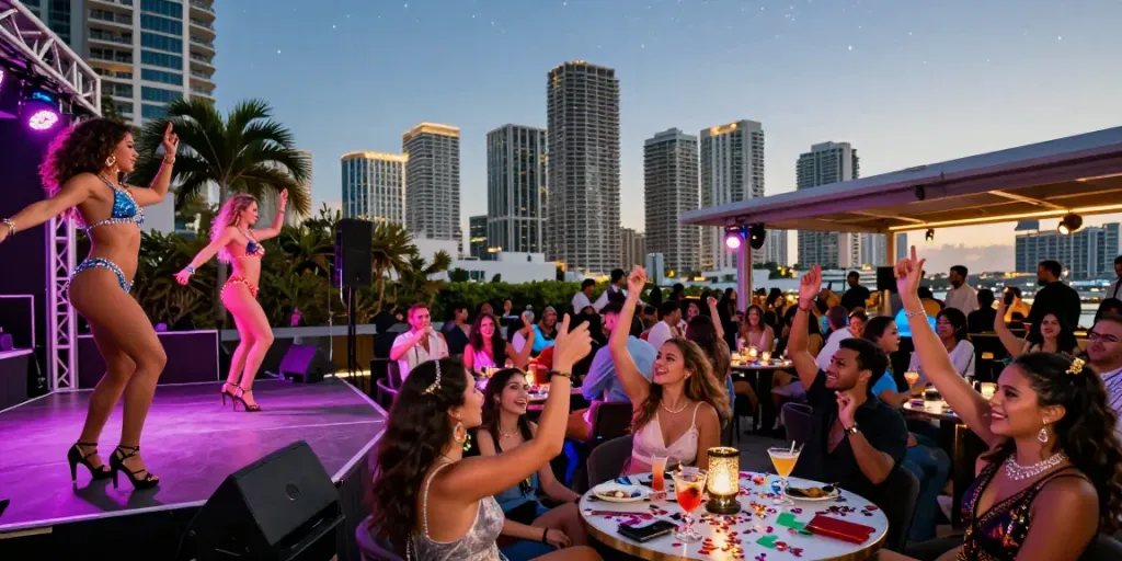 Engaging Miami strippers performing at a vibrant rooftop venue in a lively nightlife setting.