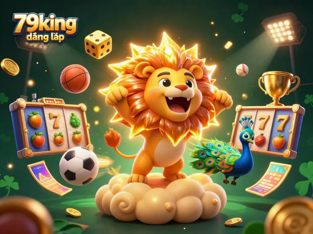 Capture the excitement of 79king đăng nhập with a dynamic 3D casino scene featuring a roaring sun lion and thrilling gaming elements.