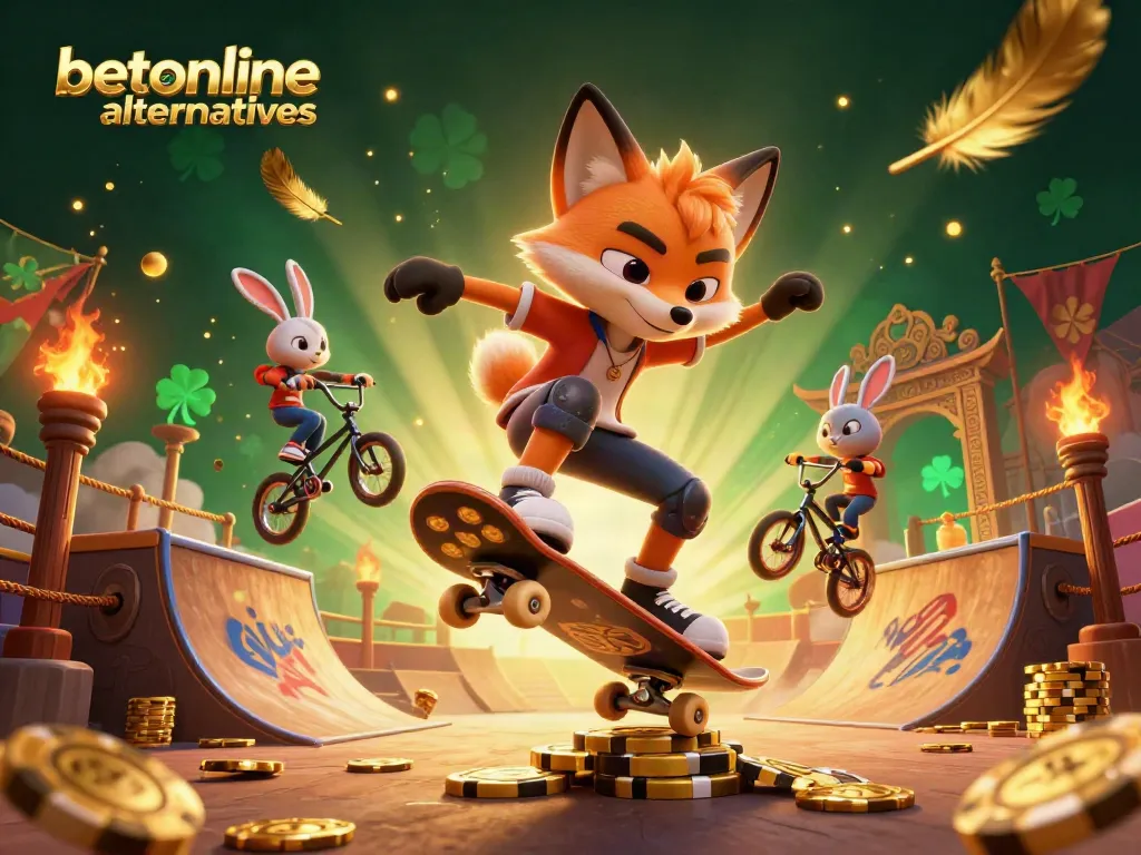 Experience the thrill of betting with betonline alternatives, featuring a skateboarder fox and BMX rabbit in a lively casino scene.