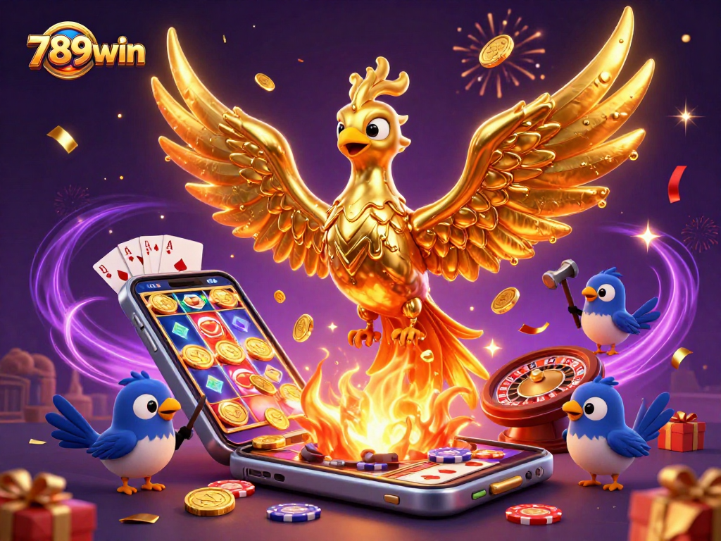 Experience the magic of 789win with vivid casino elements and a molten golden phoenix.